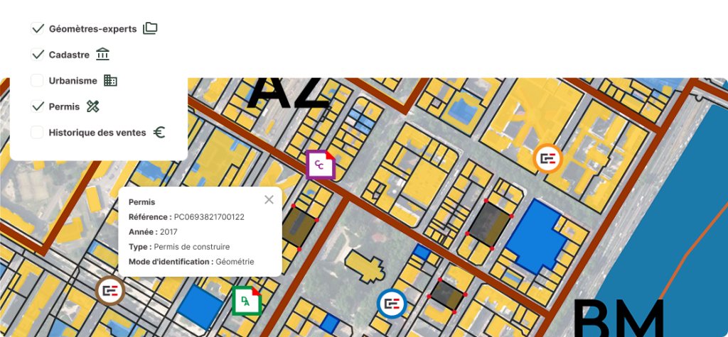 Illustration du service de Géofoncier, permettant d'afficher plusieurs couches de données sur un territoire, et de d'avoir des informations sur les parcelles