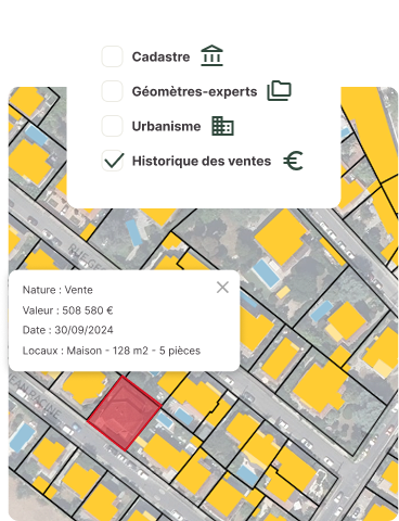 Illustration du service de Géofoncier, permettant d'afficher plusieurs couches de données sur un territoire, et de d'avoir des informations sur les parcelles